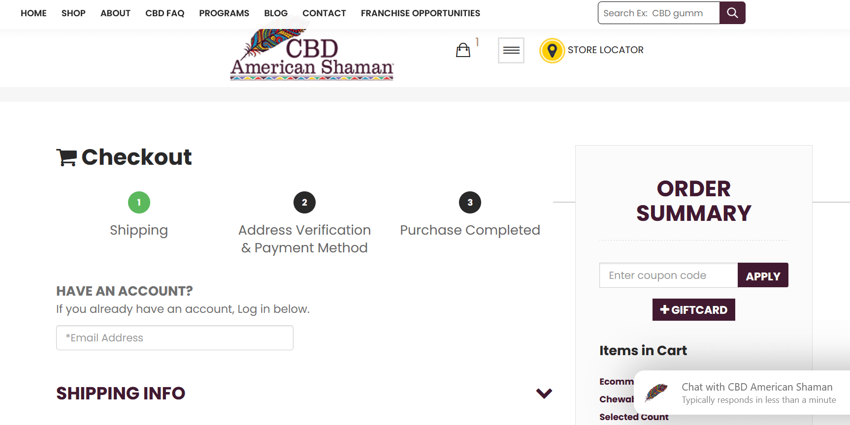CBD American Shaman product catalog and filtering system